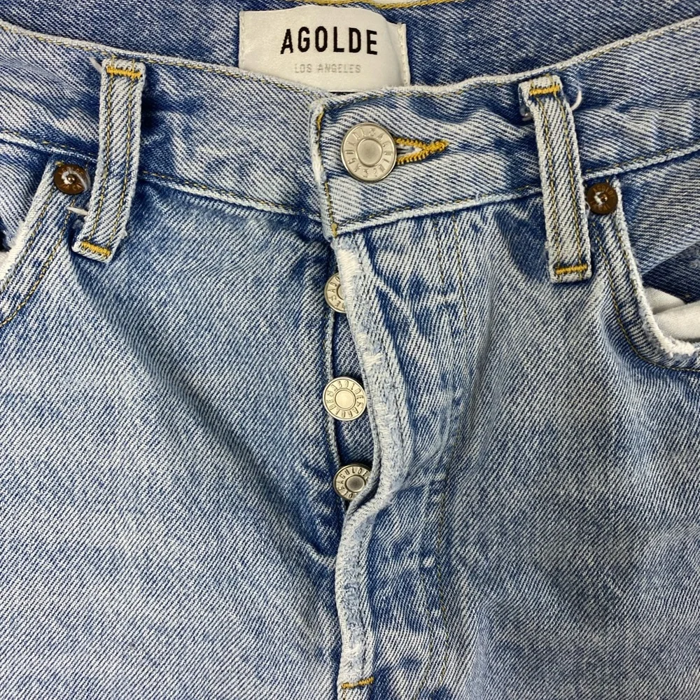 AGOLDE Parker Long Distressed Button Fly Blue Shorts Women’s size 28 - Picture 11 of 15